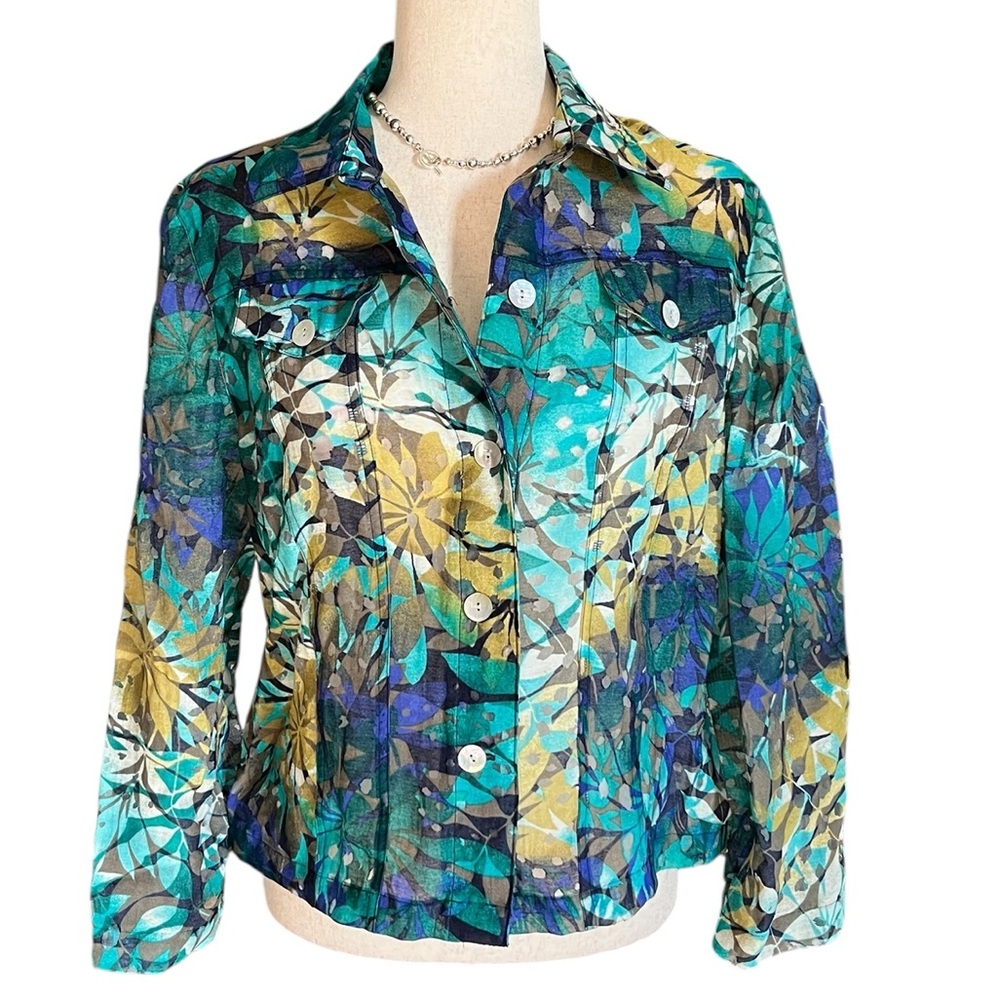 Ruby Rd. sheer button-up jacket with a tropical floral print